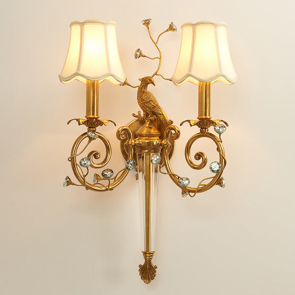 gilt bronze peacock sconce with fabric lampshades -  westmenlights