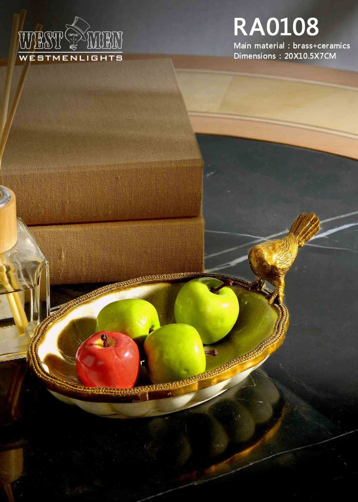 Bronze Bird Standing Fruit Porcelain Dish - westmenlights