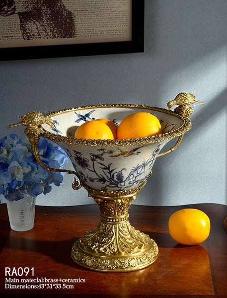 Handmade Trophy Brass Porcelain White Fruit Bowl -  westmenlights