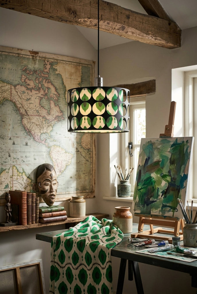 Modern Hollow-Out Metal Pendant Light with Green Geometric Inner Shade