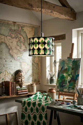 Modern Hollow-Out Metal Pendant Light with Green Geometric Inner Shade