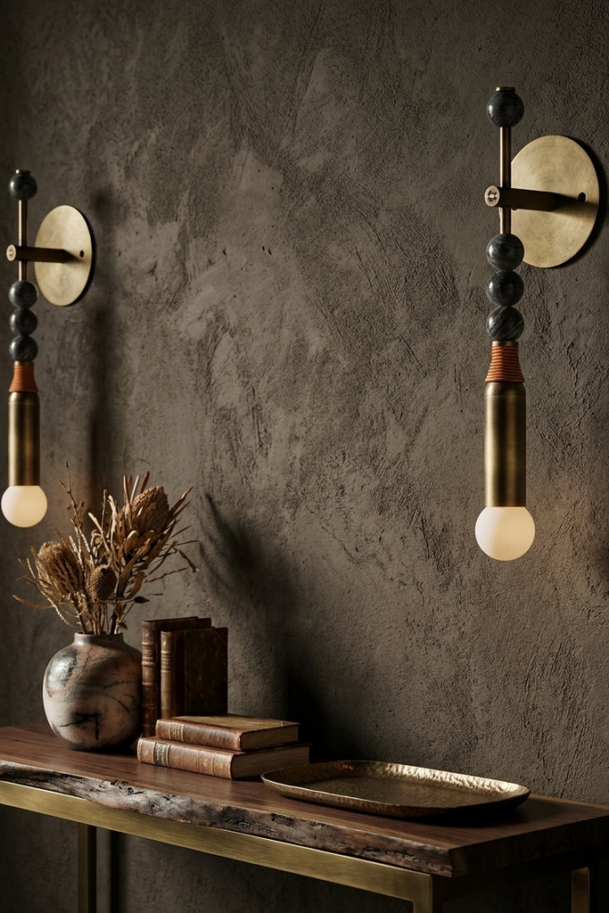 Modern Art Deco Wall Sconce with Natural Marble Sphere and Antique Brass Finish