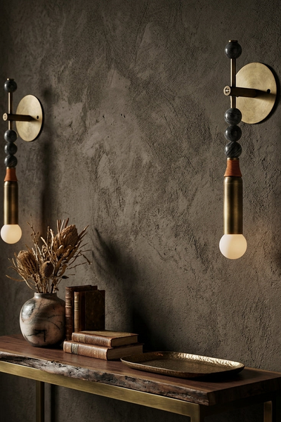 Modern Art Deco Wall Sconce with Natural Marble Sphere and Antique Brass Finish