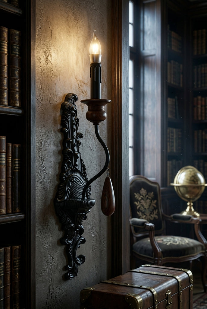Vintage European Candle Sconce - Matte Black Victorian Wall Lamp