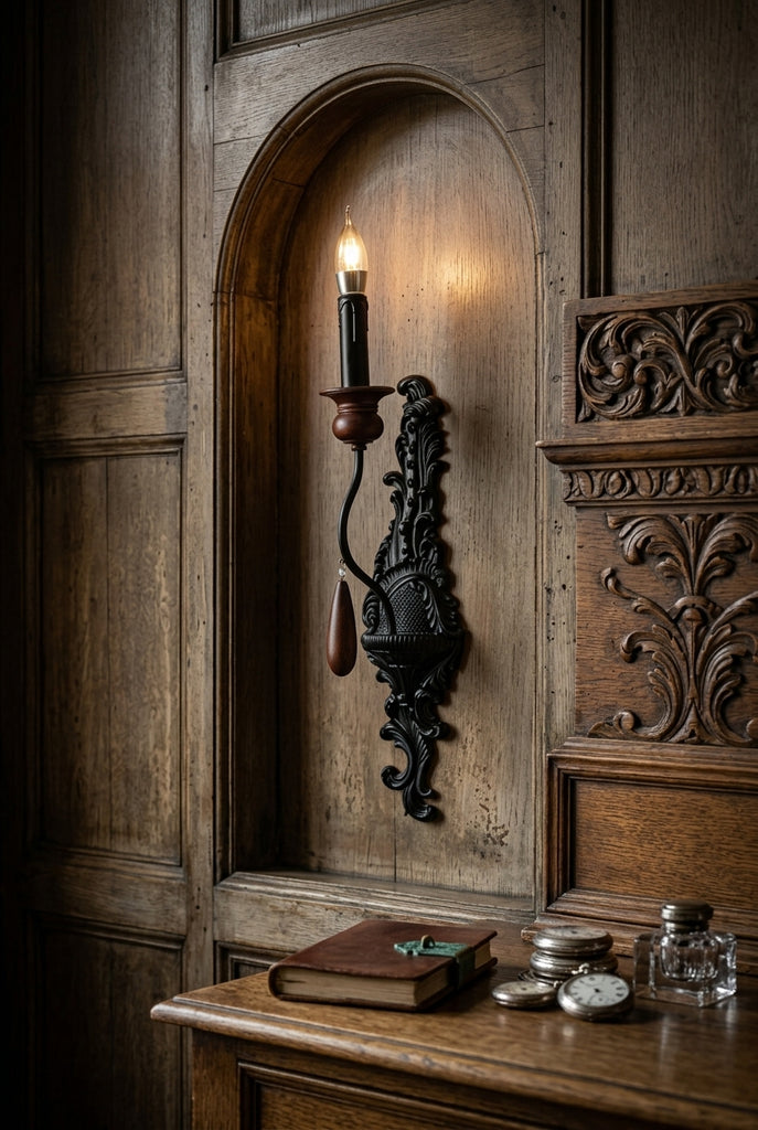 Vintage European Candle Sconce - Matte Black Victorian Wall Lamp