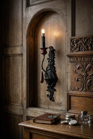 Vintage European Candle Sconce - Matte Black Victorian Wall Lamp