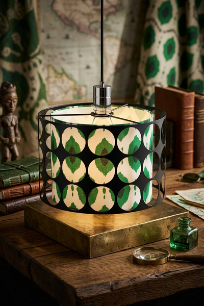 Modern Hollow-Out Metal Pendant Light with Green Geometric Inner Shade