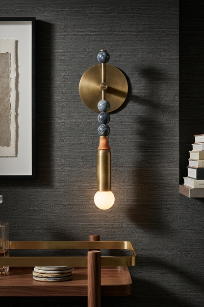 Modern Art Deco Wall Sconce with Natural Marble Sphere and Antique Brass Finish