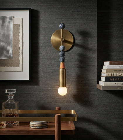 Modern Art Deco Wall Sconce with Natural Marble Sphere and Antique Brass Finish