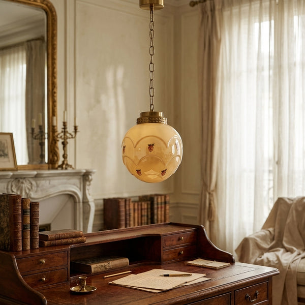 French Vintage Floral Glass Pendant Light - Mid-Century Retro Hanging Lamp for Dining Room & Bedroom