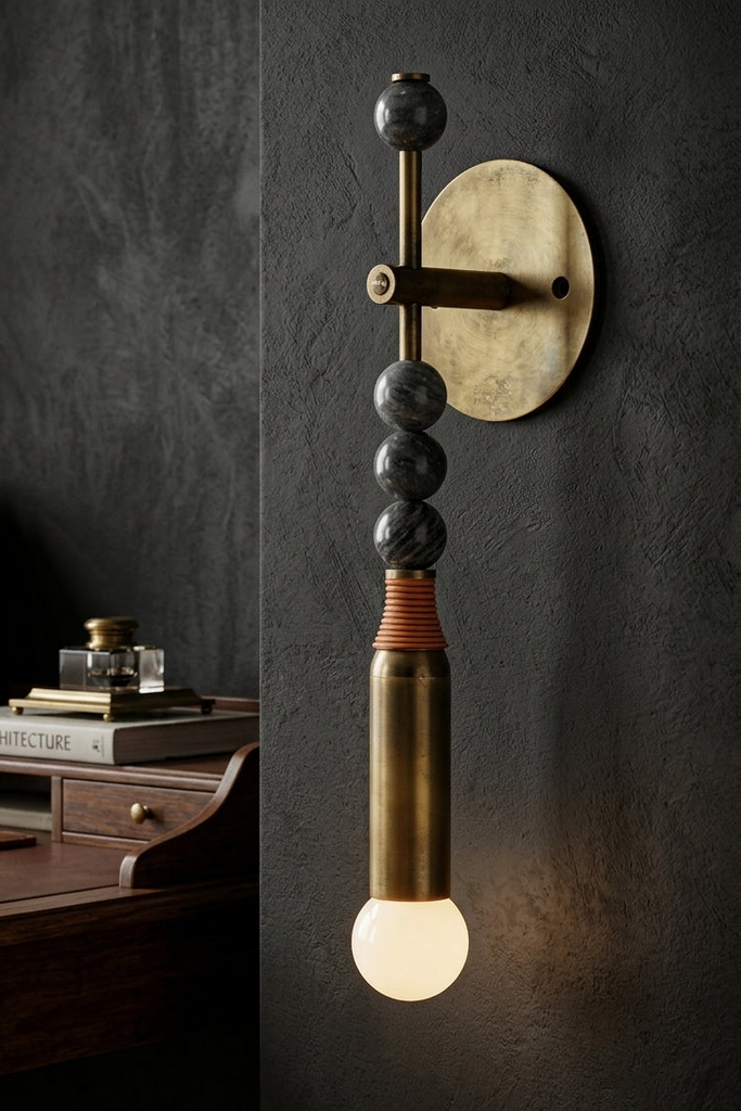 Modern Art Deco Wall Sconce with Natural Marble Sphere and Antique Brass Finish