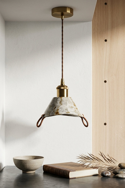 Handcrafted Wabi-Sabi Marble Texture Ceramic Pendant Light with Brass Accents