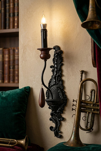 Vintage European Candle Sconce - Matte Black Victorian Wall Lamp