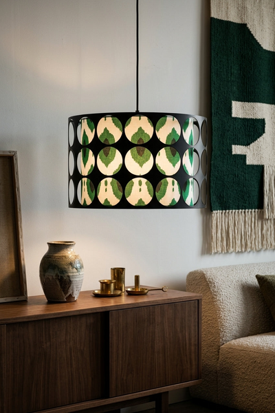 Modern Hollow-Out Metal Pendant Light with Green Geometric Inner Shade