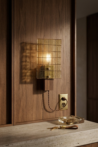 Mid-Century Modern Amber Grid Glass Wall Sconce with Solid Walnut Wood Base