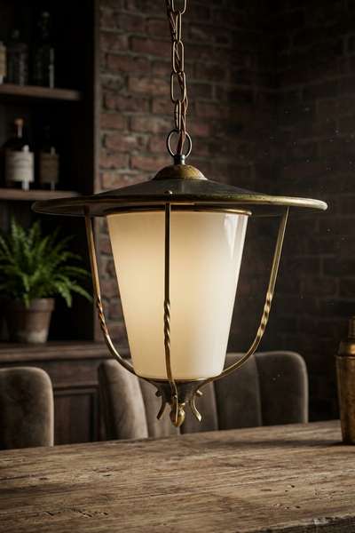 Vintage Brass and Opal Glass Lantern Pendant Light