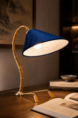 Modern Bamboo Style Table Lamp with Quilted Blue Velvet Shade