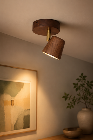 Solid Black Walnut and Brass Adjustable Spotlight Ceiling Lamp