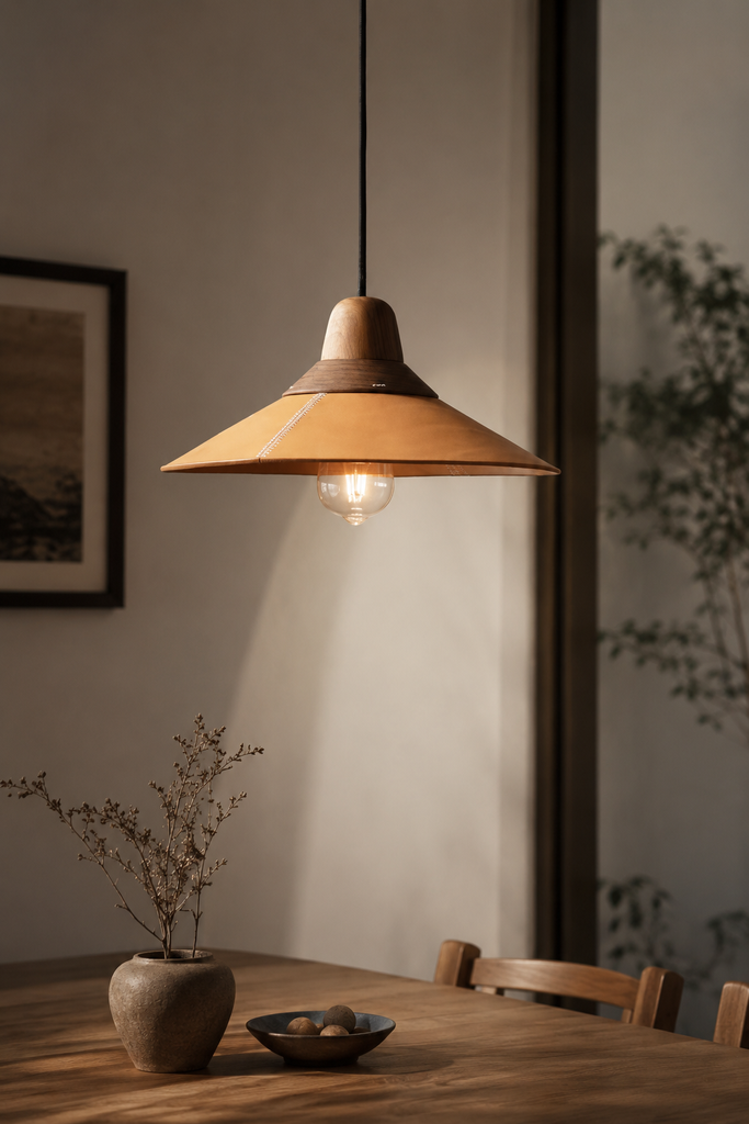 Modern Leather and Wood Pendant Light