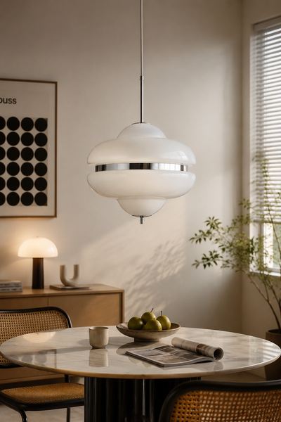 Mid-Century Modern Opal Glass Pendant Light with Polished Chrome Accents