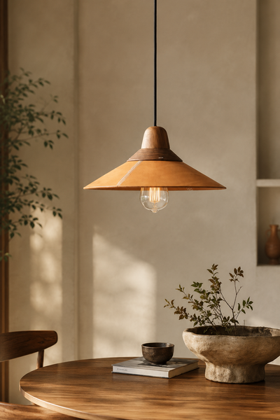 Modern Leather and Wood Pendant Light