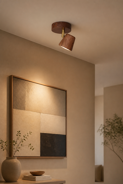 Solid Black Walnut and Brass Adjustable Spotlight Ceiling Lamp