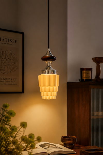 Mid-Century Modern Pleated Glass Pendant Light with Wood Accent