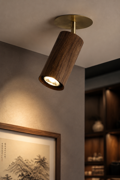 Modern Solid Wood and Brushed Brass Adjustable Recessed Spotlight