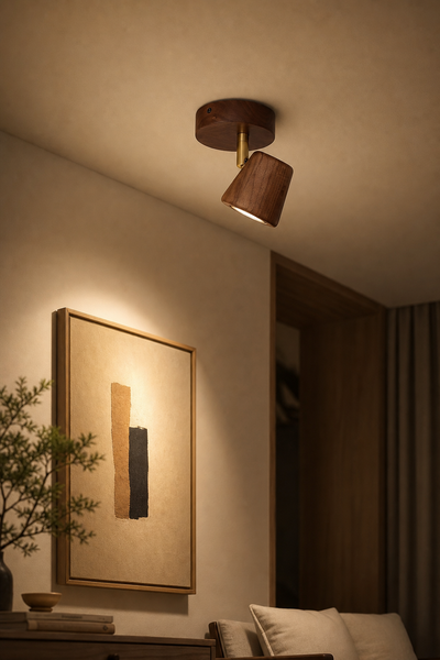 Solid Black Walnut and Brass Adjustable Spotlight Ceiling Lamp
