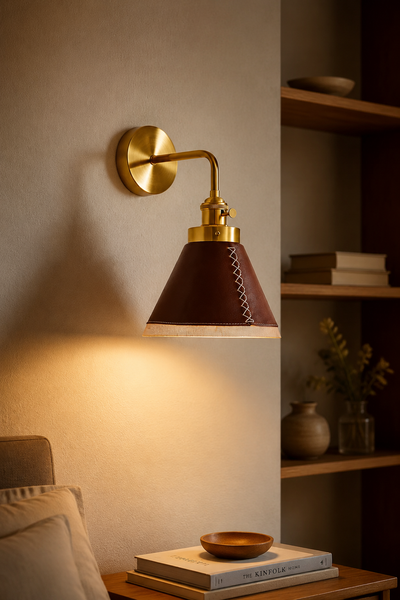 Modern Leather Wall Sconce with Hand-Stitched Shade
