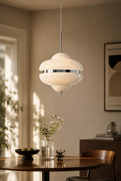 Mid-Century Modern Opal Glass Pendant Light with Polished Chrome Accents