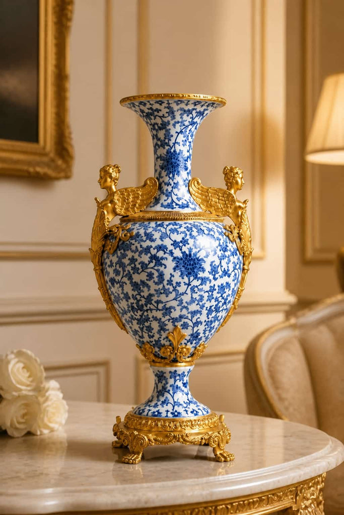 Luxury Neoclassical Blue Gilt Bronze Porcelain Vase 29CM*22CM*58CM