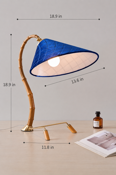 Modern Bamboo Style Table Lamp with Quilted Blue Velvet Shade