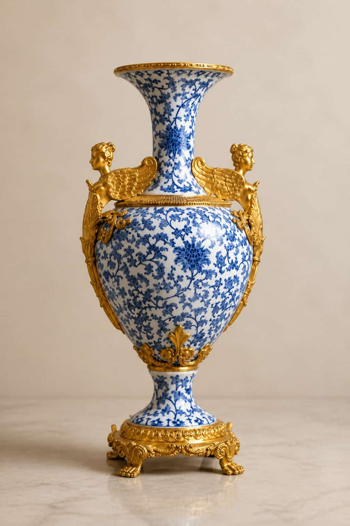 Luxury Neoclassical Blue Gilt Bronze Porcelain Vase 29CM*22CM*58CM