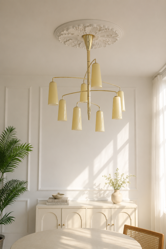 Mid-Century Modern Multi-Head Gold Chandelier with Cream Tapered Shades