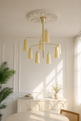 Mid-Century Modern Multi-Head Gold Chandelier with Cream Tapered Shades