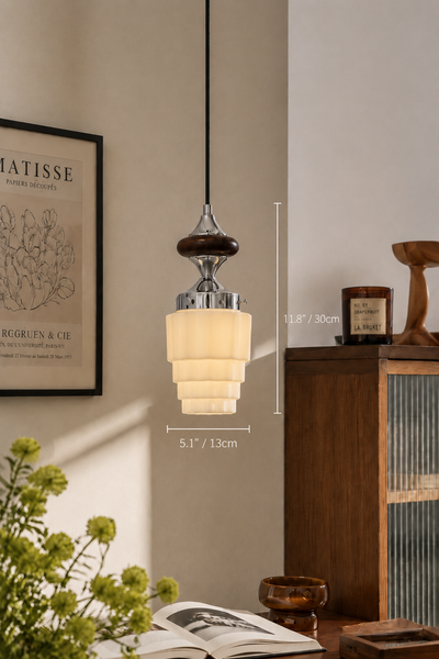Mid-Century Modern Pleated Glass Pendant Light with Wood Accent