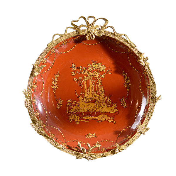手绘红色陶瓷配铜挂盘铜盘子欧式美式陶瓷装饰盘子挂盘墙面装饰品