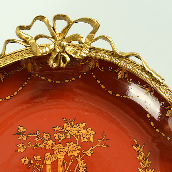 手绘红色陶瓷配铜挂盘铜盘子欧式美式陶瓷装饰盘子挂盘墙面装饰品