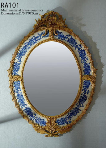 Oval Gilt Bronze Blue and White Hanging Mirror -  westmenlights