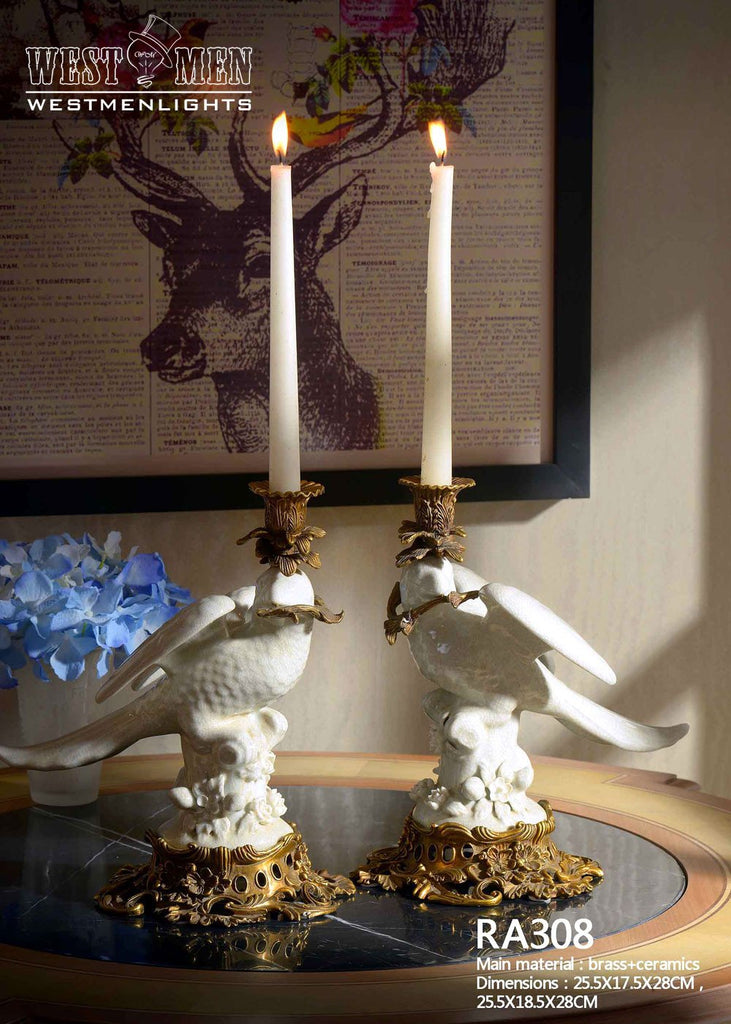 Pair(2 Pieces)Gilded Bronze Porcelain Bird Standing Candlesticks