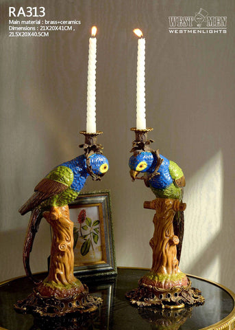 Pair(2 Pieces)Ormolu Mounted Porcelain Parrot Standing Candlesticks -  westmenlights