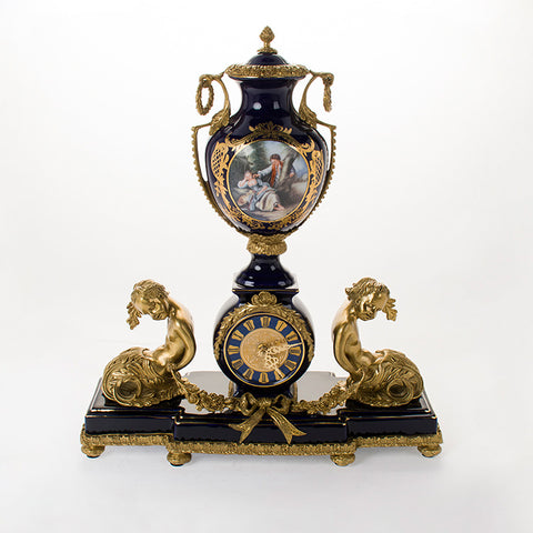 陶瓷镶铜桌面钟摆件 复古怀旧手绘瓷器铜包瓷玄关壁炉奢华工艺品