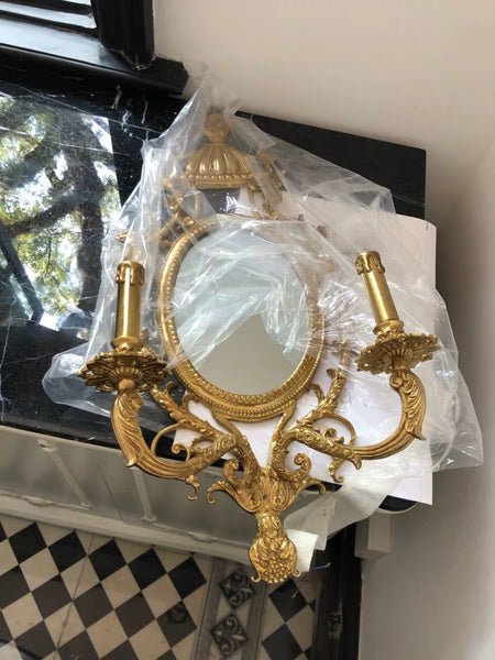 Gilt Bronze Wall Mirror With Candlesticks -  westmenlights